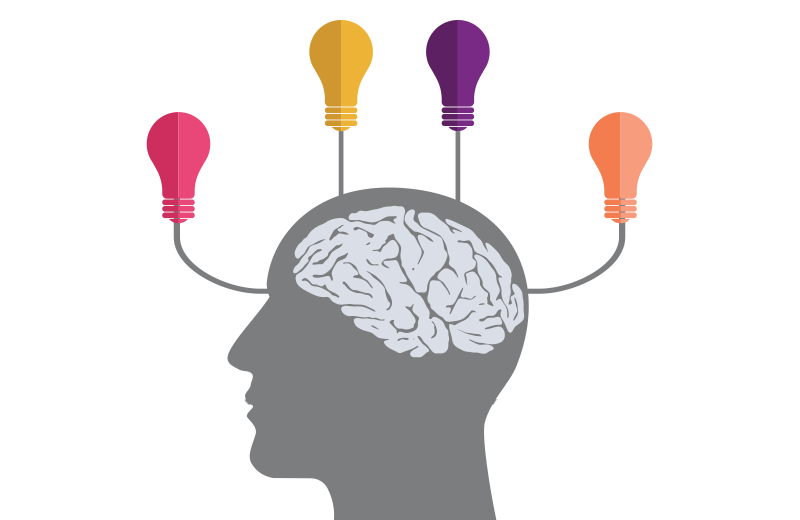 An illustration of a head with 4-6 lightbulbs