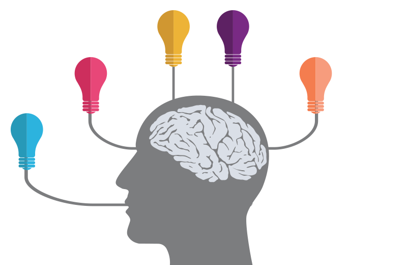 An illustration of a head with 5-6 lightbulbs
