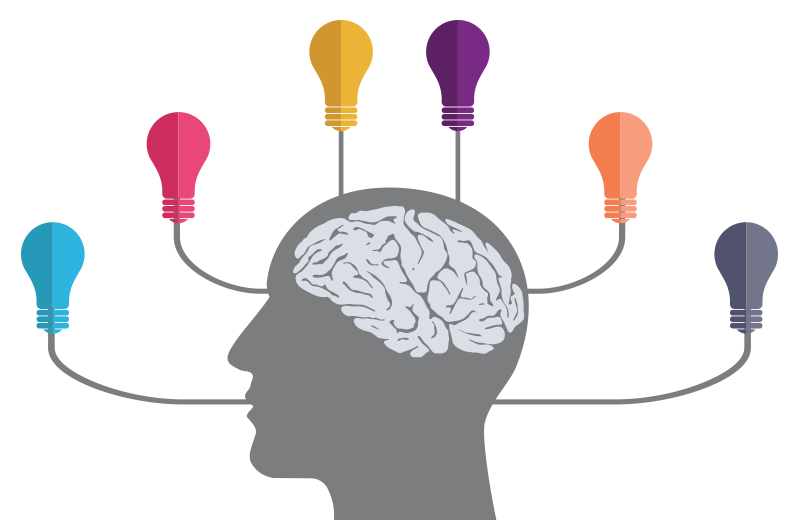 An illustration of a head with 6 lightbulbs